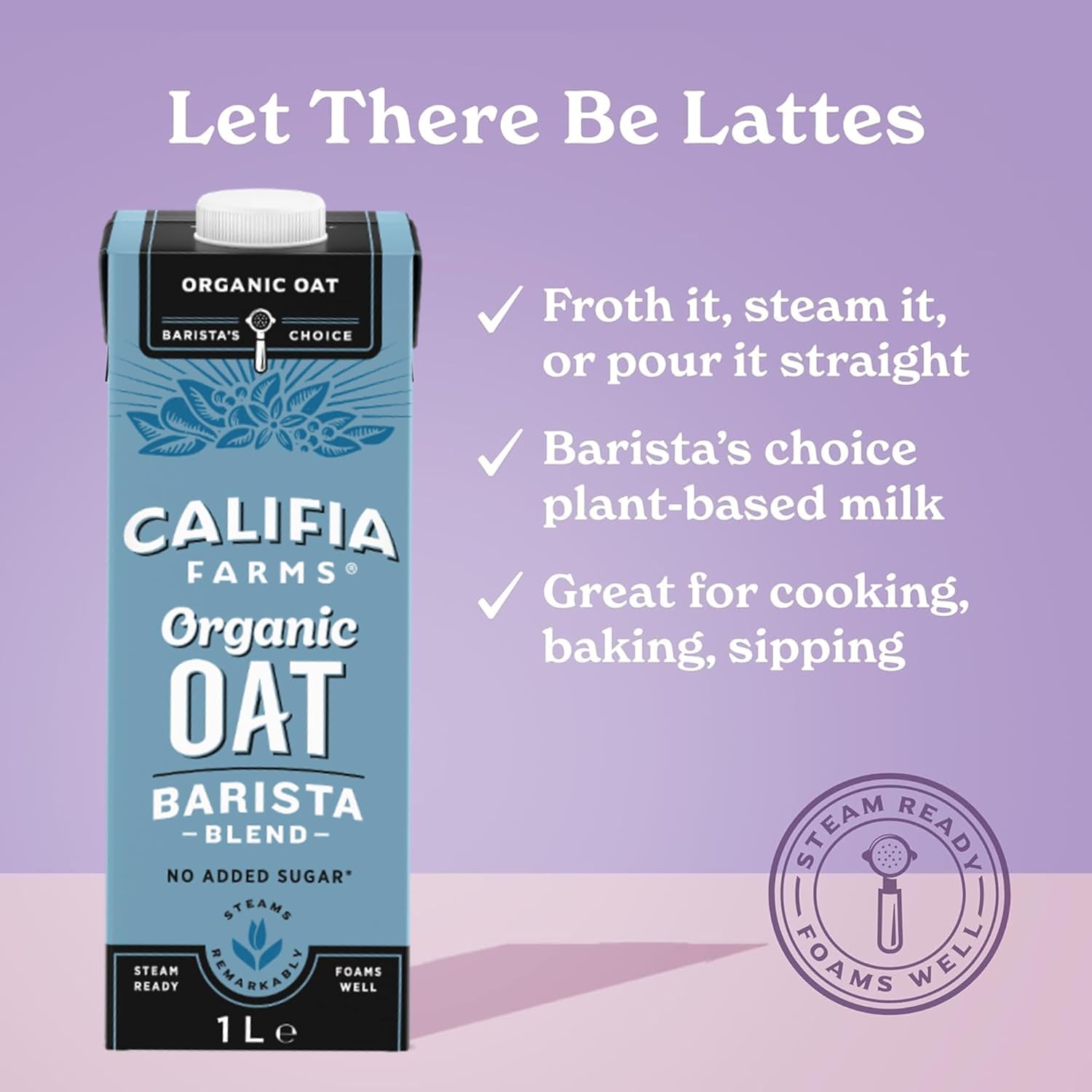 Califia Farms ORGANIC Oat Barista Blend - Lactose Free, Dairy Free, No Added Sugar, Vegan, Free From Plant Based Drinks (6 x 1L)-1