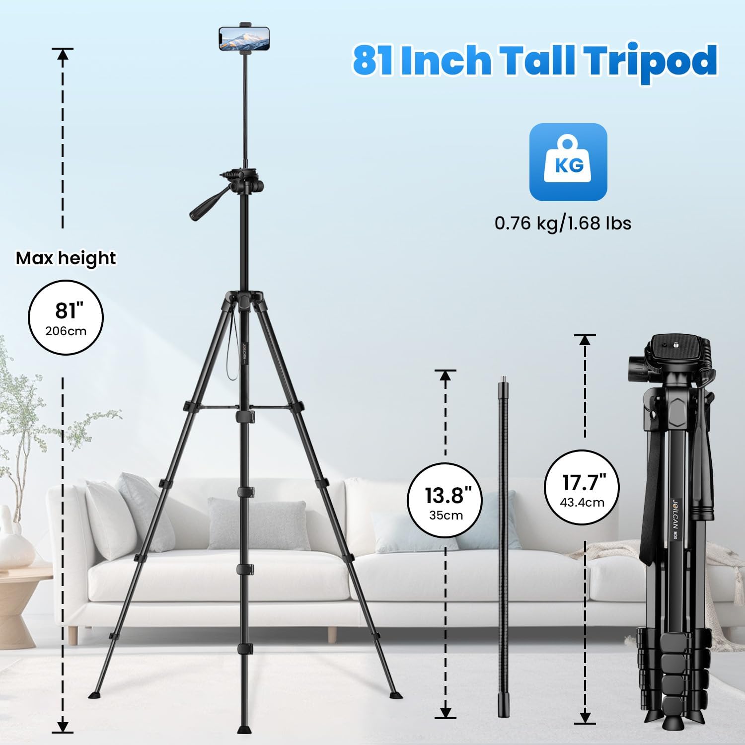 JOILCAN Camera Tripod for DSLR Canon Nikon Sony, 81"/206cm New Gooseneck Tripod, Aluminum Lightweight Camera Tripod Stand for Travel Video Photography Vlog, Compact Tripod for Camera-7