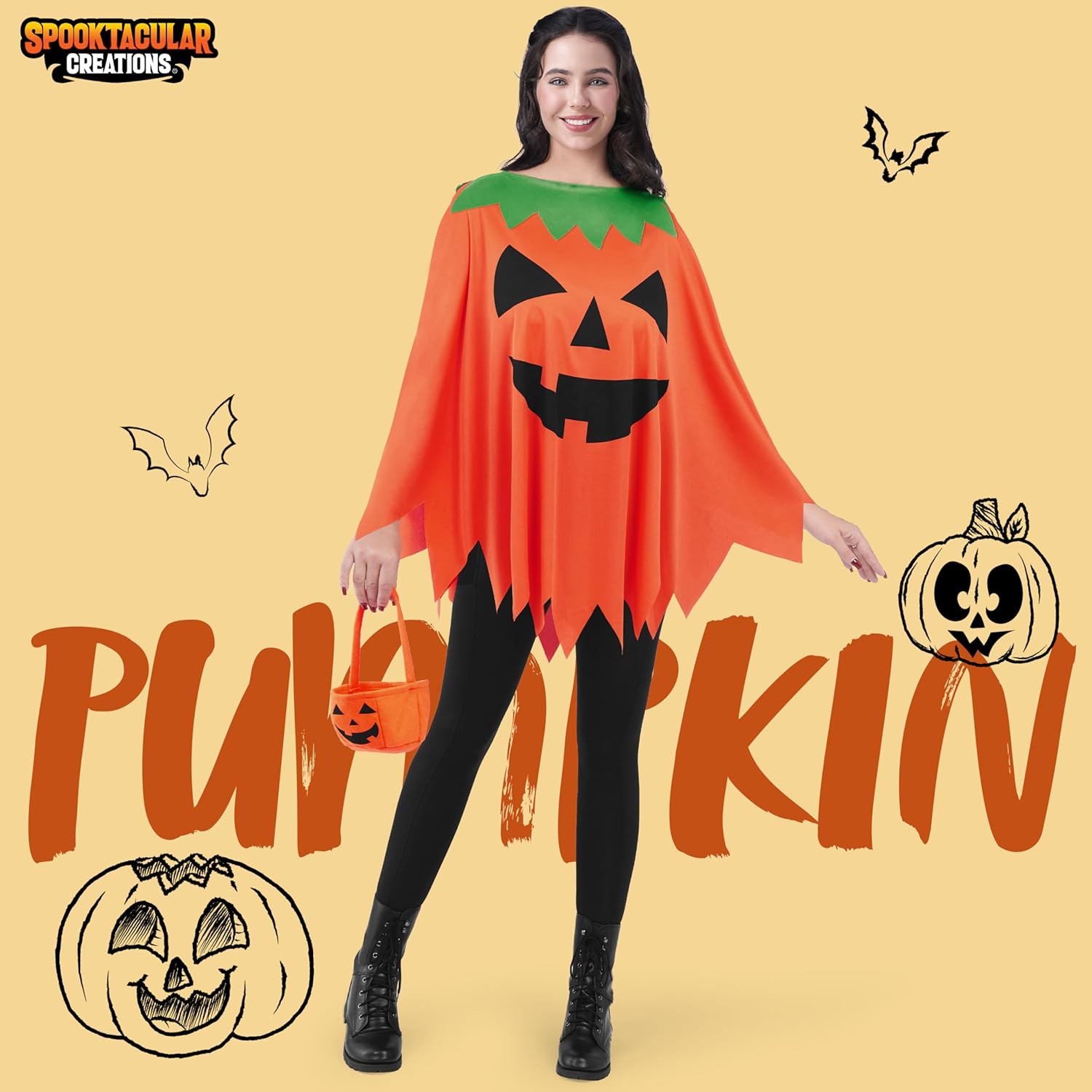 Spooktacular Creations Women Pumpkin Poncho Costume Adult, Pumpkin Costume Set, Halloween Costumes for Women Role Play-1