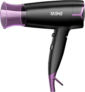 YASHE Travel Hairdryer with Folding Handle, 1700W Fast Drying Blow Dryer with 1 Concentrator, Dual Heat & Speed Settings, Cool Shot Button, Lightweight & Compact Design, Hang Loop, Black/Purple