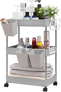 DOEWORKS Storage Trolley Cart, 3-Tier Storage Cart with Wheels Rolling Utility Cart with Hanging Cups Multi-Purpose Storage Shelf Rack for Kitchen Bathroom Bedroom Office, Grey