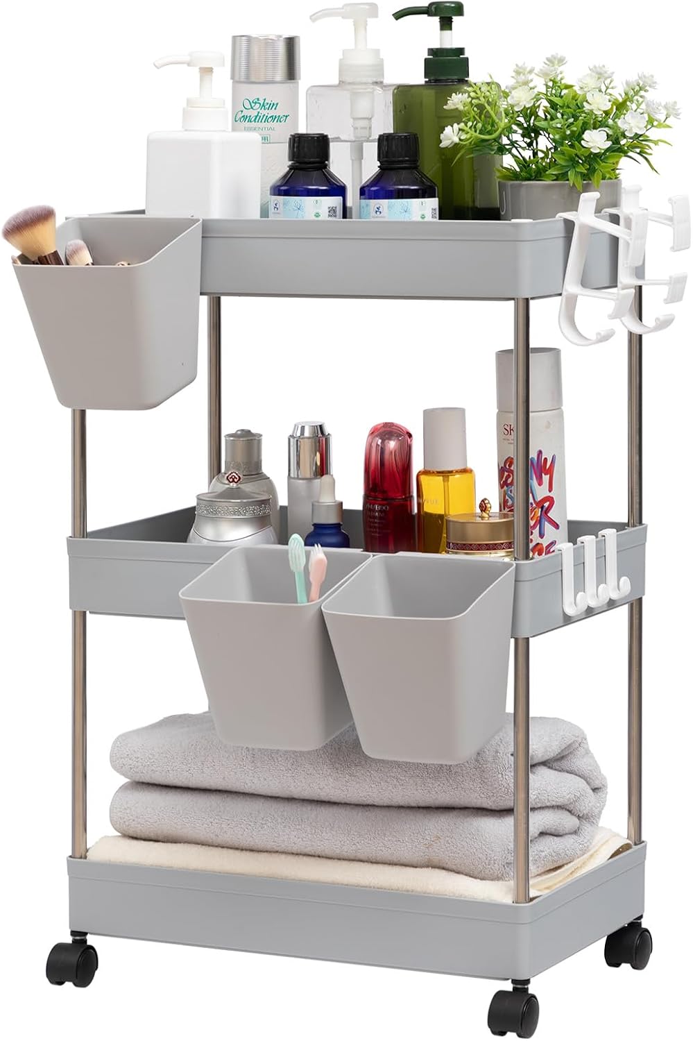 DOEWORKS Storage Trolley Cart, 3-Tier Storage Cart with Wheels Rolling Utility Cart with Hanging Cups Multi-Purpose Storage Shelf Rack for Kitchen Bathroom Bedroom Office, Grey-0