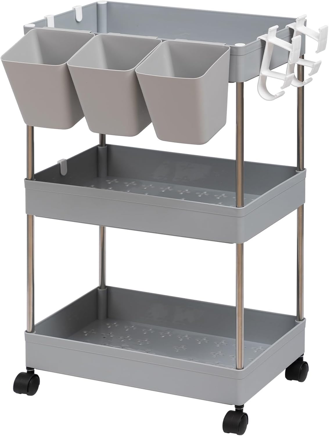 DOEWORKS Storage Trolley Cart, 3-Tier Storage Cart with Wheels Rolling Utility Cart with Hanging Cups Multi-Purpose Storage Shelf Rack for Kitchen Bathroom Bedroom Office, Grey-5