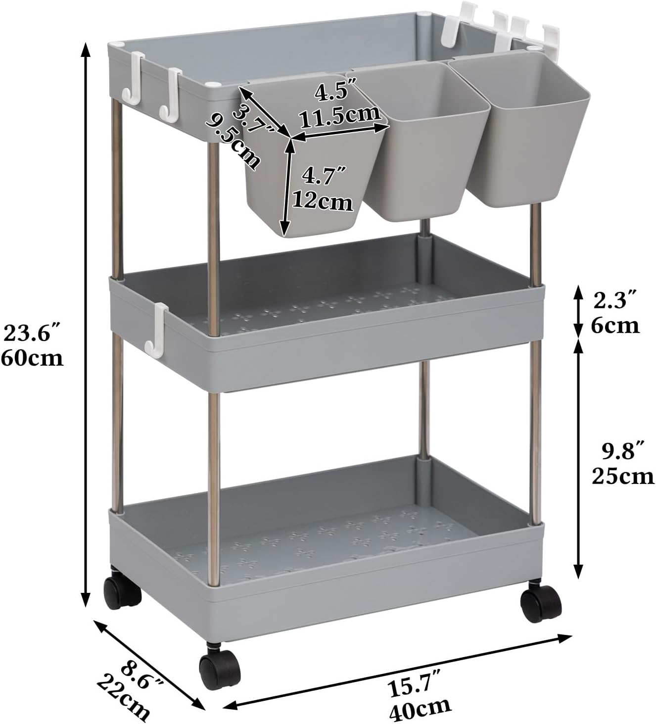 DOEWORKS Storage Trolley Cart, 3-Tier Storage Cart with Wheels Rolling Utility Cart with Hanging Cups Multi-Purpose Storage Shelf Rack for Kitchen Bathroom Bedroom Office, Grey-6