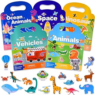 ASTARON 5 Pack Reusable 3D Sticker Scenes Book for 2 3 4 Year Old Toddlers, Jelly Sticker Game Educational Sensory Learning Toy,Travel Stickers and Busy Book,Vehicles, Animals, Dinosaur,Ocean,Space