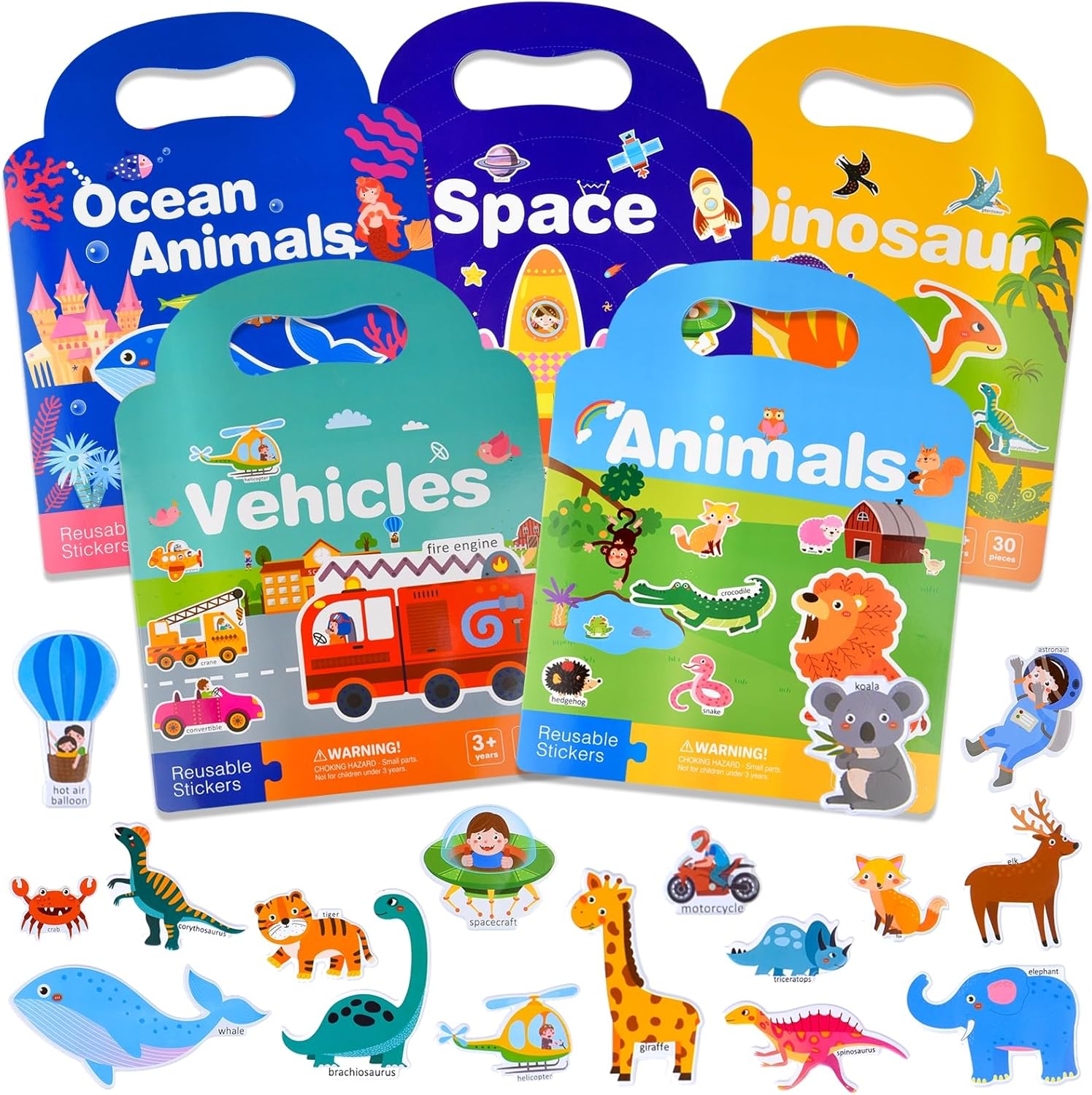 ASTARON 5 Pack Reusable 3D Sticker Scenes Book for 2 3 4 Year Old Toddlers, Jelly Sticker Game Educational Sensory Learning Toy,Travel Stickers and Busy Book,Vehicles, Animals, Dinosaur,Ocean,Space-0