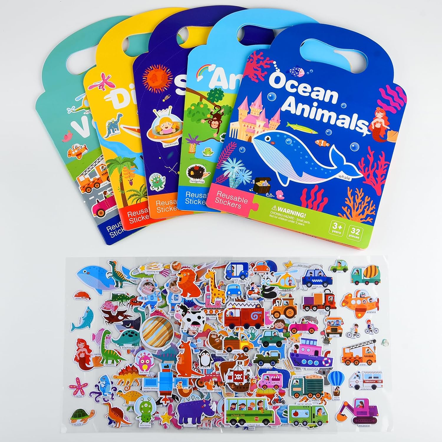 ASTARON 5 Pack Reusable 3D Sticker Scenes Book for 2 3 4 Year Old Toddlers, Jelly Sticker Game Educational Sensory Learning Toy,Travel Stickers and Busy Book,Vehicles, Animals, Dinosaur,Ocean,Space-1