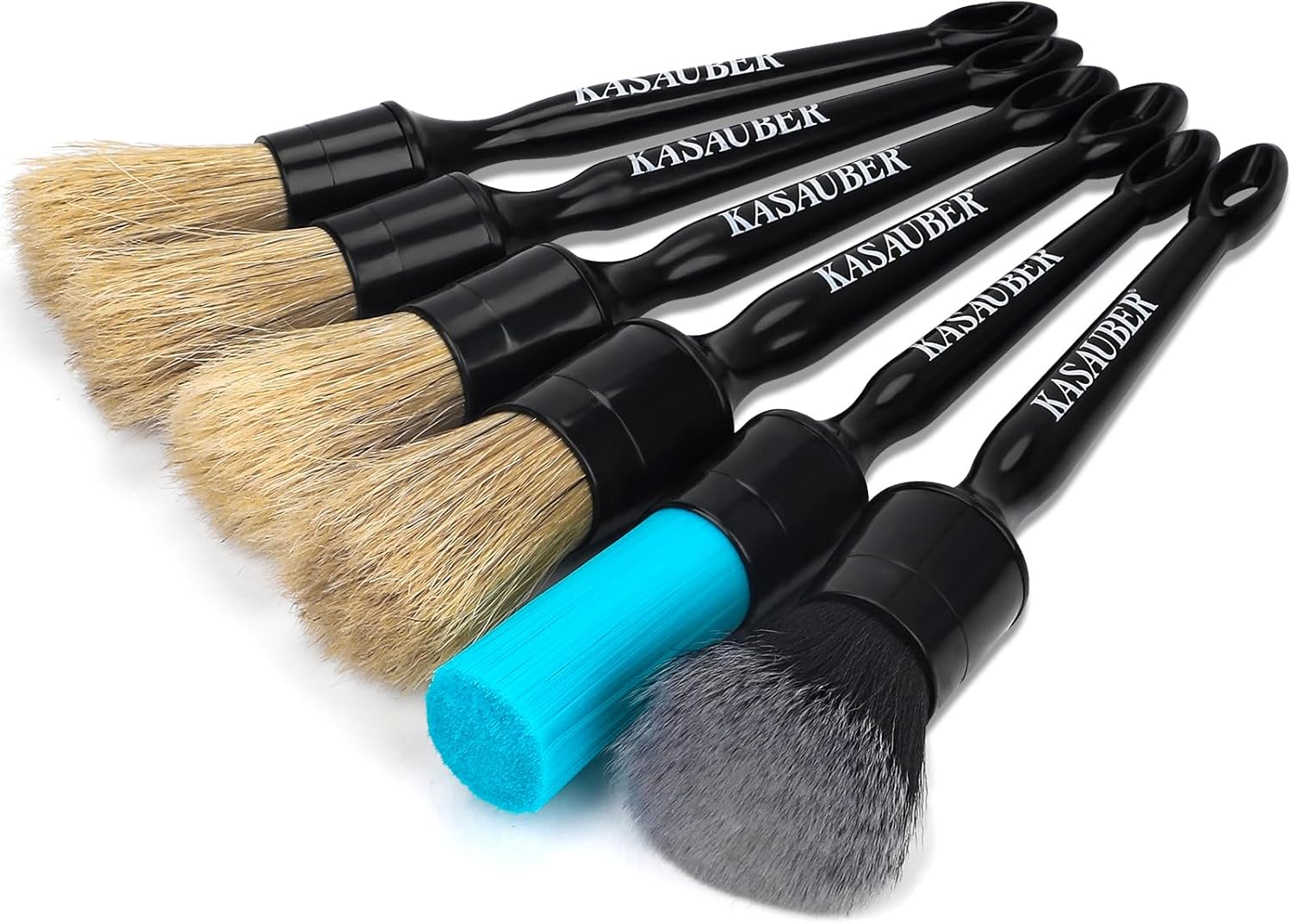 Kasauber 6x Professional Car Detailing Brushes Set, Auto Detail Cleaning Brush Kit for Car Interior Exterior Leather Seat Air Vents Alloy Wheel Rim Engine Bay Wash & Care-0