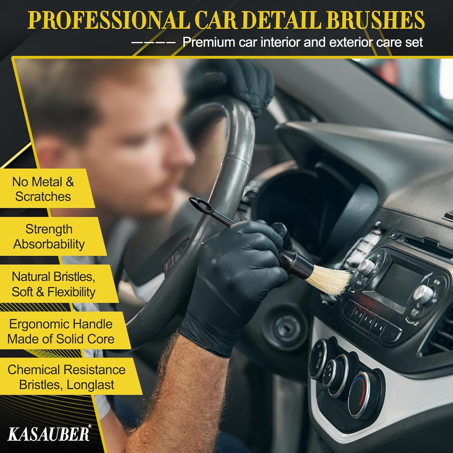 Kasauber 6x Professional Car Detailing Brushes Set, Auto Detail Cleaning Brush Kit for Car Interior Exterior Leather Seat Air Vents Alloy Wheel Rim Engine Bay Wash & Care-2