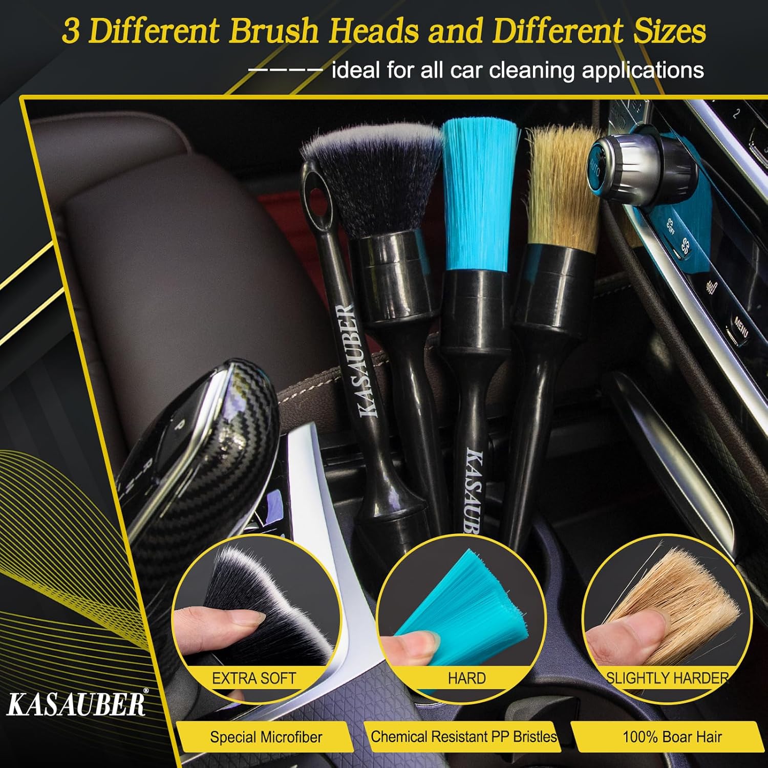 Kasauber 6x Professional Car Detailing Brushes Set, Auto Detail Cleaning Brush Kit for Car Interior Exterior Leather Seat Air Vents Alloy Wheel Rim Engine Bay Wash & Care-3