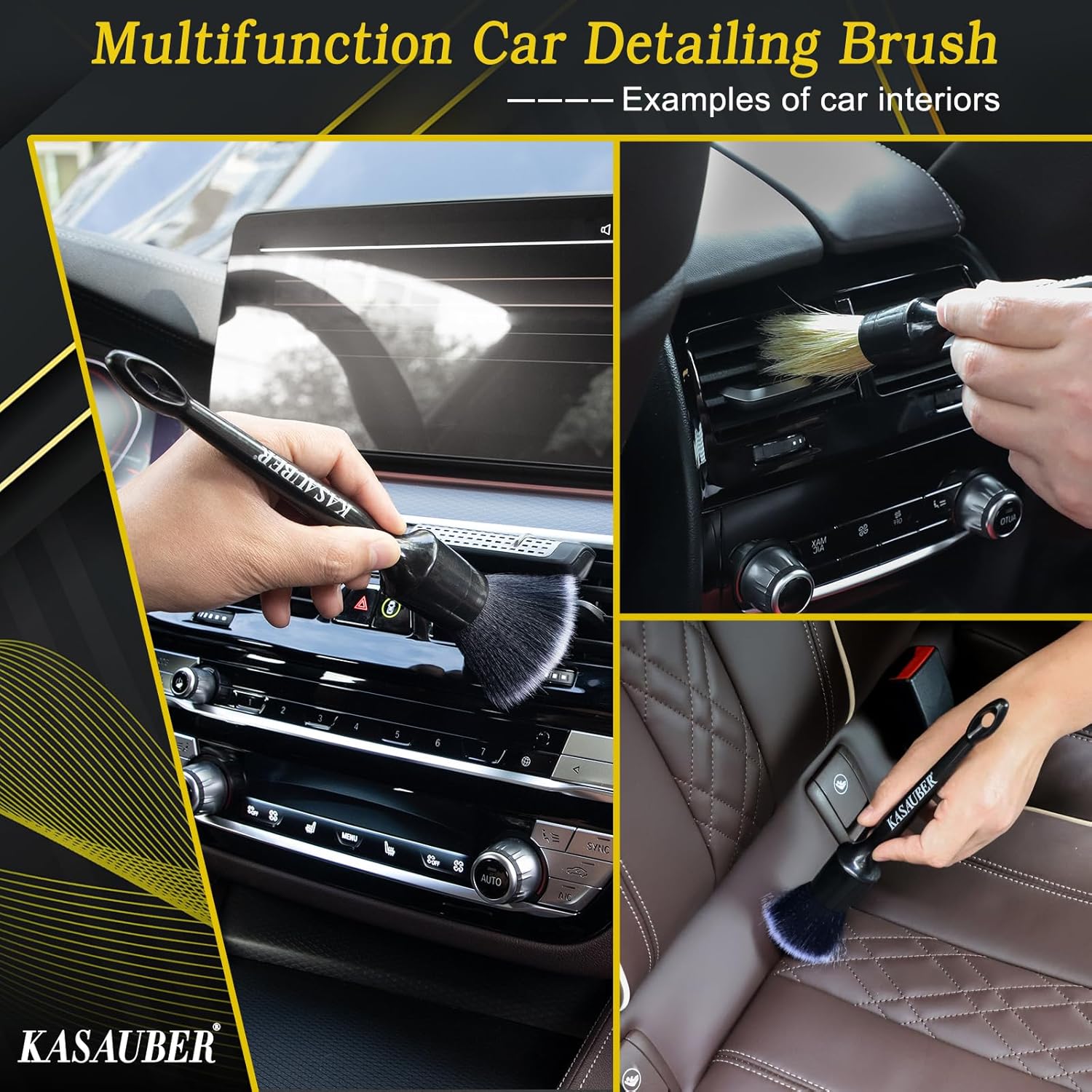 Kasauber 6x Professional Car Detailing Brushes Set, Auto Detail Cleaning Brush Kit for Car Interior Exterior Leather Seat Air Vents Alloy Wheel Rim Engine Bay Wash & Care-4