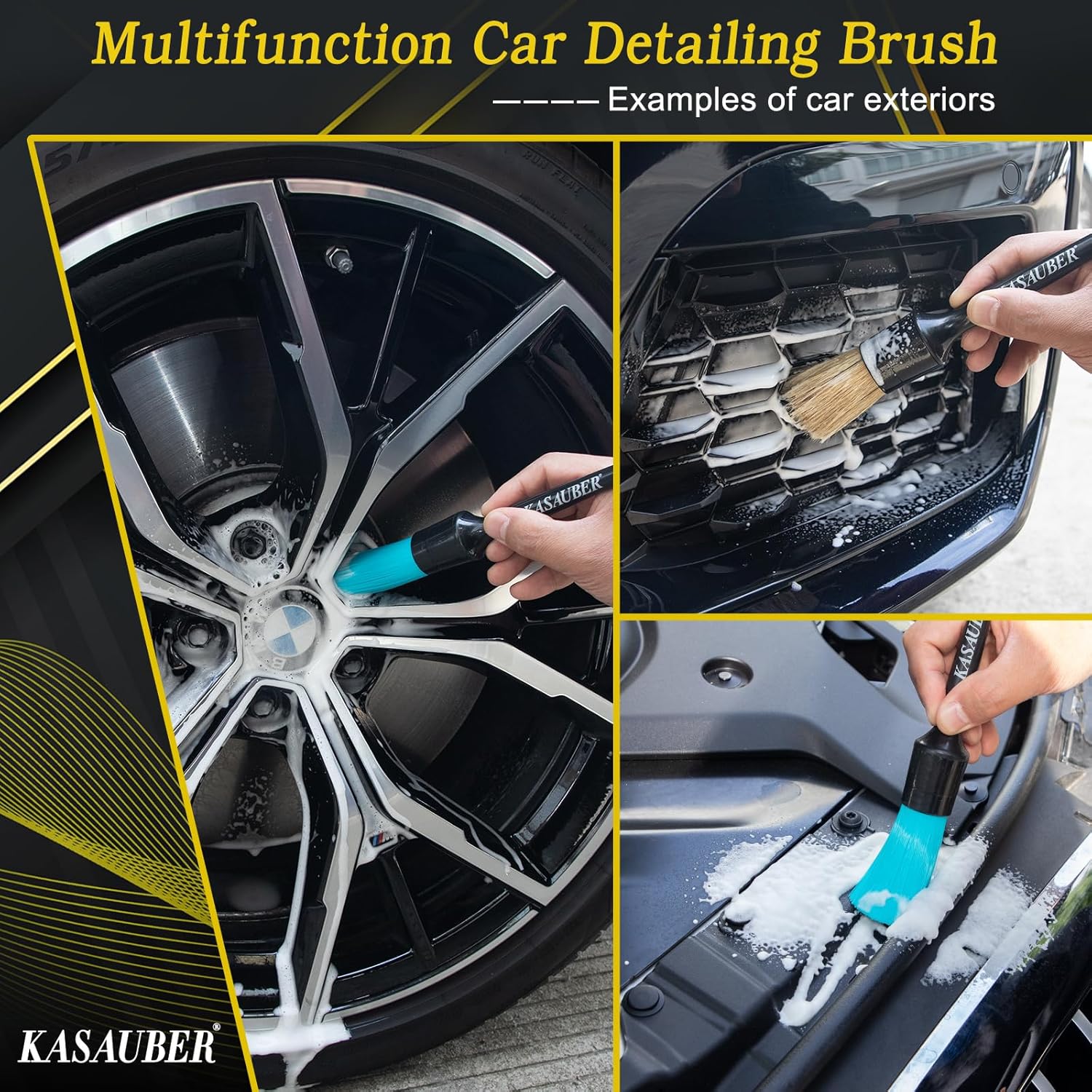 Kasauber 6x Professional Car Detailing Brushes Set, Auto Detail Cleaning Brush Kit for Car Interior Exterior Leather Seat Air Vents Alloy Wheel Rim Engine Bay Wash & Care-5