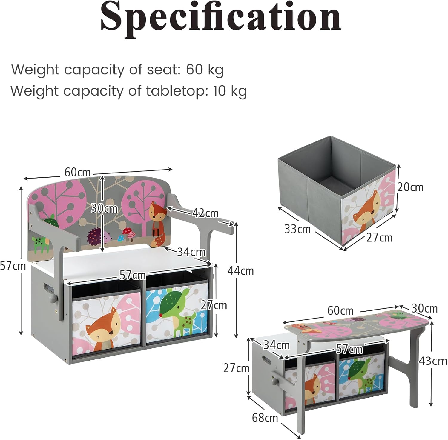 Maxmass 3-in-1 Kids Table and Chair Set, Convertible Toddlers Bench Storage Chest with 2 Removable Fabric Bins, Wooden Toy Storage Organizer Toy Box for Children Room, Playroom, Daycare (Grey)-4