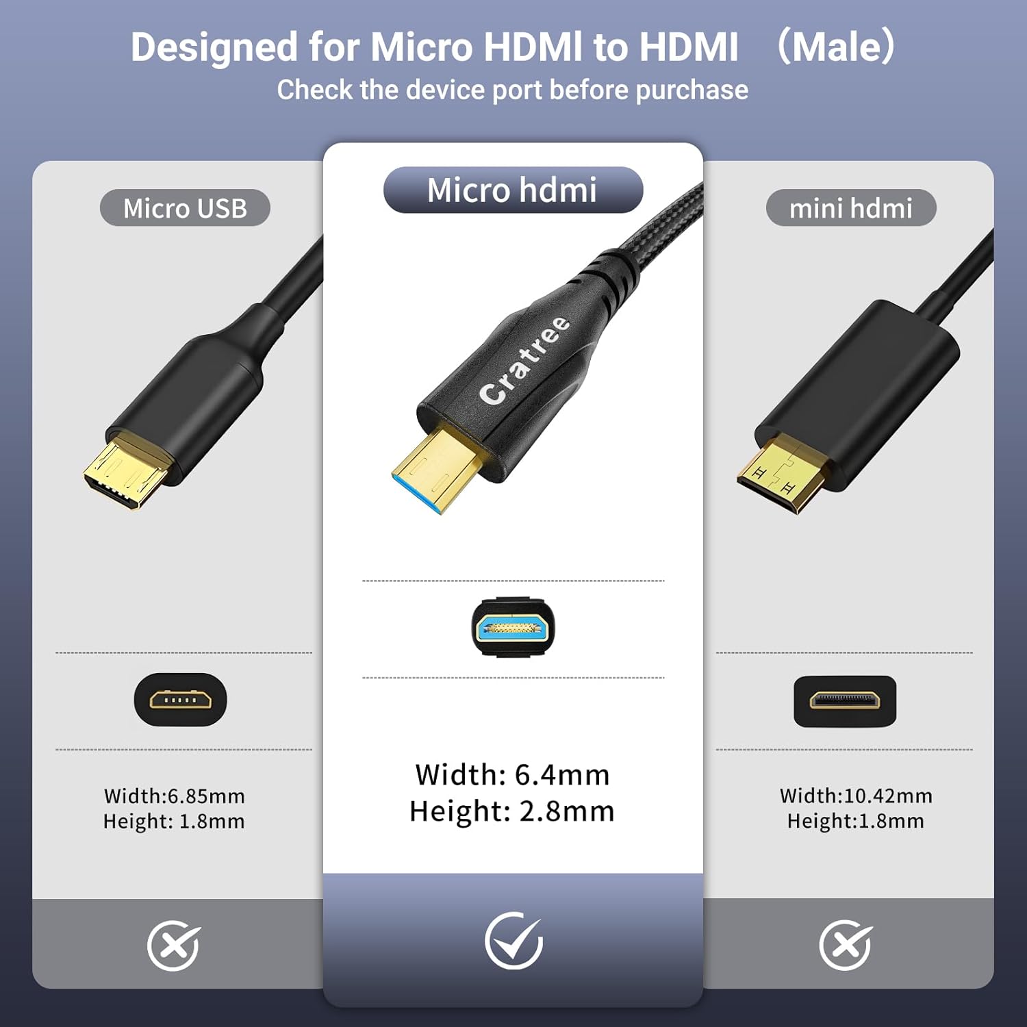 Cratree 8k Micro HDMI to HDMI Cable 2M, 8K@60hz, 4K@120hz, Micro HDMI Ultra High Speed Support HDR eARC Dolby Compatible with GoPro Hero 7 6 5 4,Raspberry Pi 4,Sony Camera,Nikon-3