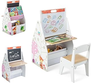 Maxmass Kids Art Table and Chair, Wooden Children Activity Play Table with Double-Sided Art Easel, 2-Tier Bookshelf, Storage Bin, Toddler Craft Table Set for Drawing, Studying, Eating (White)