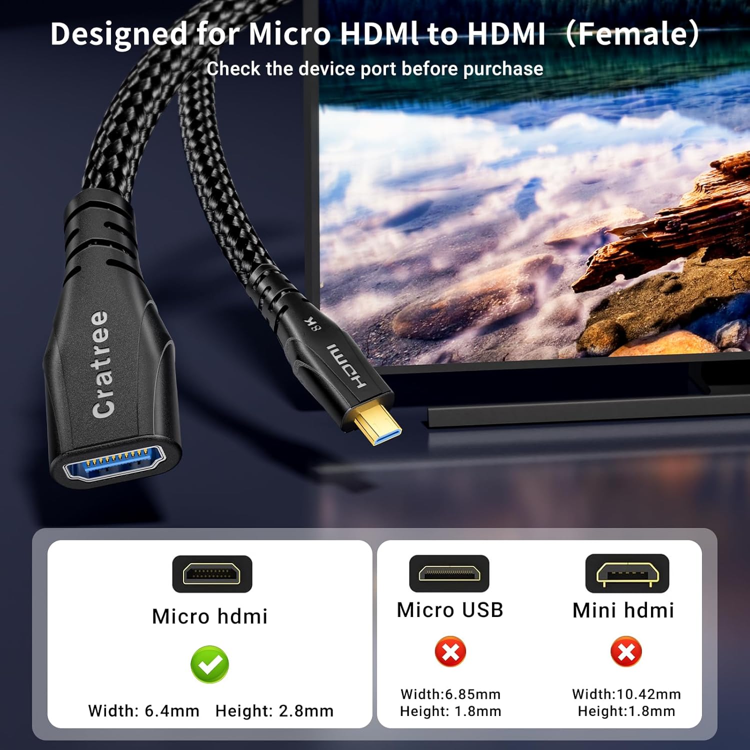 Cratree 8k Micro HDMI to HDMI Cable Adapter, Micro HDMI Male to HDMI Female Adapter Cable, 8K@60hz, 4K@120hz,Compatible with GoPro Hero 7 6 5 4,Raspberry Pi 4,Sony Camera,Nikon(20CM)-2