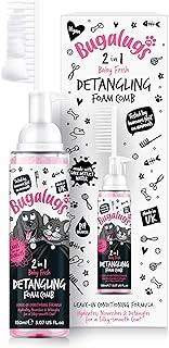 Bugalugs Pet Detangler Foam Comb - leave In conditioner spray for de matting. No tangles. Professional dog grooming formula with Wheat protein. Dog Detangler Spray knot removal (Baby Fresh)