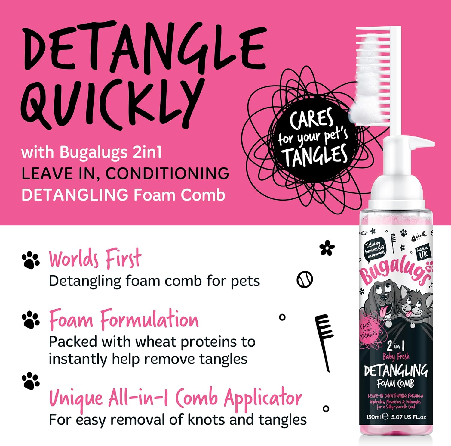 Bugalugs Pet Detangler Foam Comb - leave In conditioner spray for de matting. No tangles. Professional dog grooming formula with Wheat protein. Dog Detangler Spray knot removal (Baby Fresh)-4