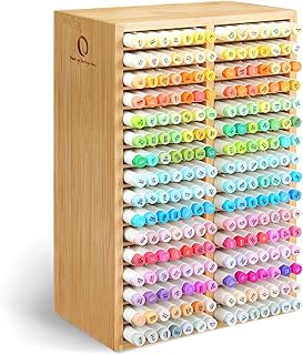 Ohuhu Bamboo Marker Organizer, Wooden Desktop Storage Hold 224 Markers, Markers Pens Pencils Art Brushes Stationary Organizer Pencil Holder with 32 Compartments for Home Classroom Office Decor