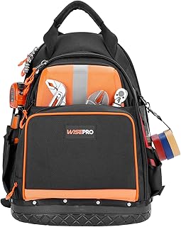 WISEPRO Tool Backpack, Heavy Duty Tradesman Backpack with Molded Base, Tool Organizer for Electricians, Construction, Maintenance Worker