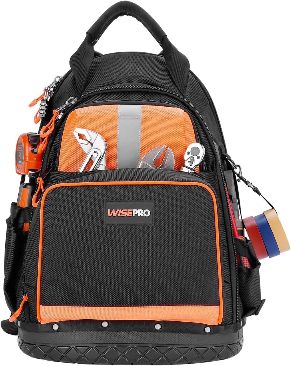 WISEPRO Tool Backpack, Heavy Duty Tradesman Backpack with Molded Base, Tool Organizer for Electricians, Construction, Maintenance Worker-0