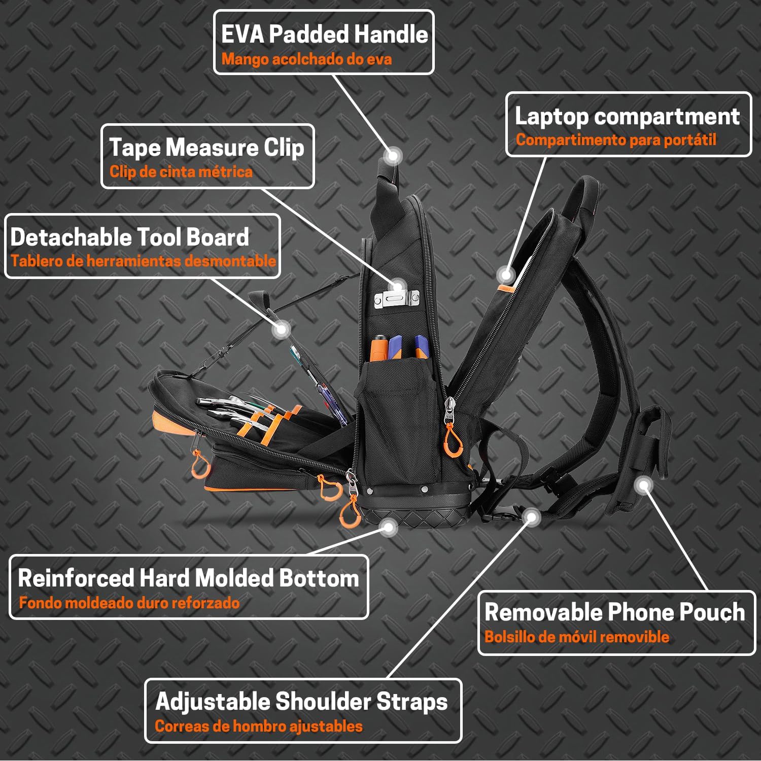 WISEPRO Tool Backpack, Heavy Duty Tradesman Backpack with Molded Base, Tool Organizer for Electricians, Construction, Maintenance Worker-1