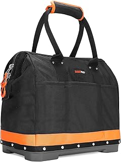 WISEPRO 16 Inch Tool Bag, Wide Mouth Tool Bag with Molded Base, Multi-Pocket Storage Organiser for Tools and Small Parts Heavy Duty Tool Organizer Bag for Plumbers, Electricians, Handymen