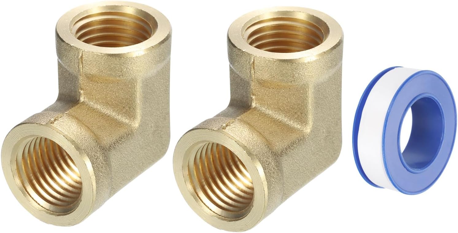 sourcing map 90 Degree Barstock Street Elbow Pipe Fitting 1/4 Inch NPT Female to 1/4 Inch NPT Female, 2Pcs Forged Brass Hose Fittings Adapter for Gas, Air, Oil, Propane-0