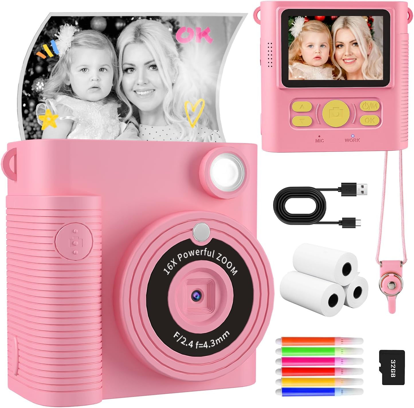 CKATE Kids Camera Instant Print, Kids Camera with 2 Shutters, 1080P HD 32G SD Card Instant Print Camera for Kids, Lovely Camera Gifts for Girls & Boys 3-12 Years Old - Flamingo Pink-0