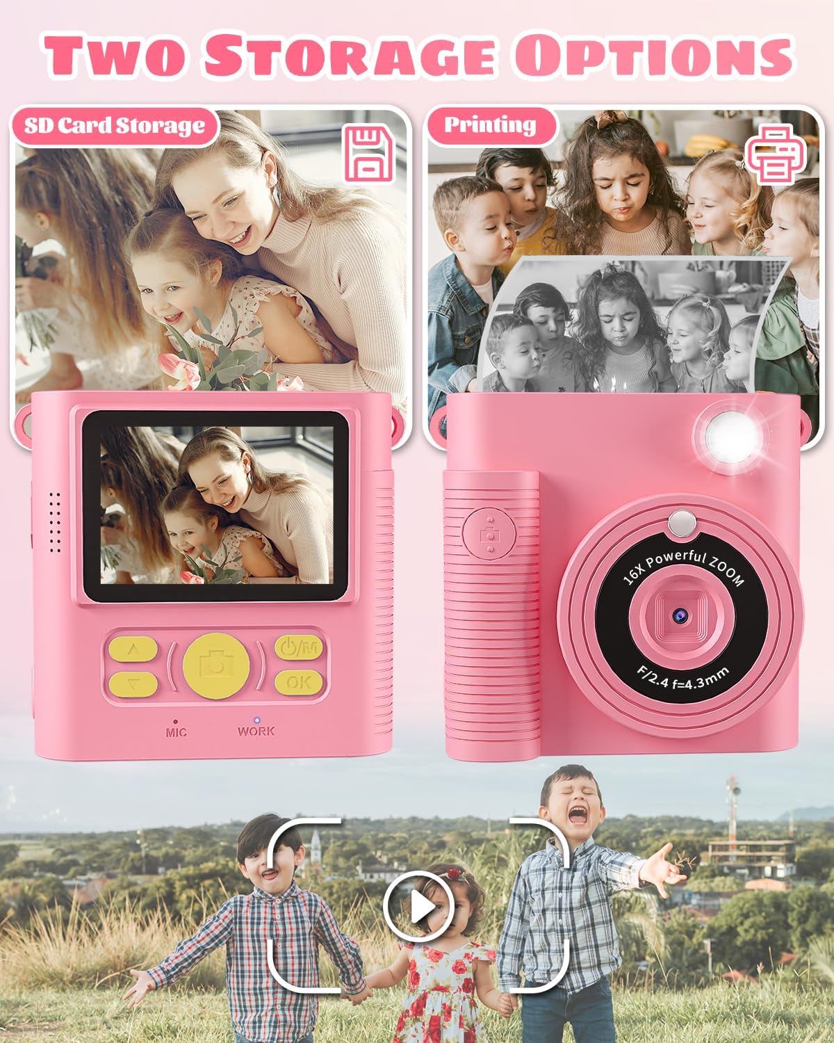 CKATE Kids Camera Instant Print, Kids Camera with 2 Shutters, 1080P HD 32G SD Card Instant Print Camera for Kids, Lovely Camera Gifts for Girls & Boys 3-12 Years Old - Flamingo Pink-1