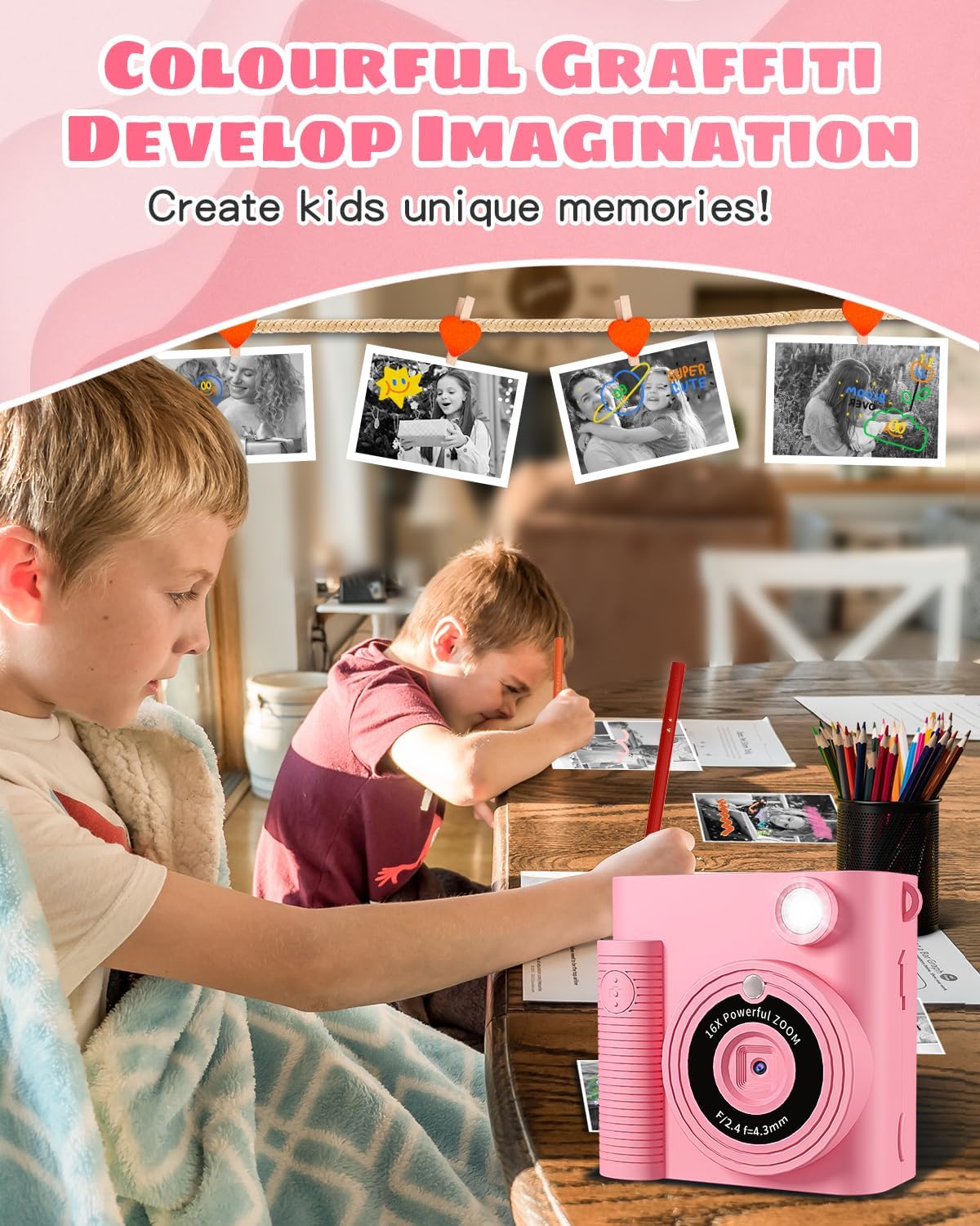 CKATE Kids Camera Instant Print, Kids Camera with 2 Shutters, 1080P HD 32G SD Card Instant Print Camera for Kids, Lovely Camera Gifts for Girls & Boys 3-12 Years Old - Flamingo Pink-3