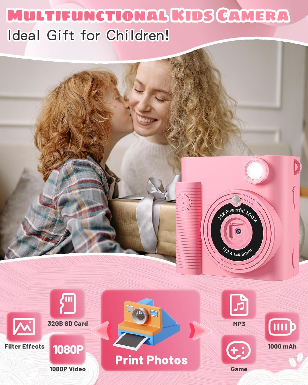 CKATE Kids Camera Instant Print, Kids Camera with 2 Shutters, 1080P HD 32G SD Card Instant Print Camera for Kids, Lovely Camera Gifts for Girls & Boys 3-12 Years Old - Flamingo Pink-5