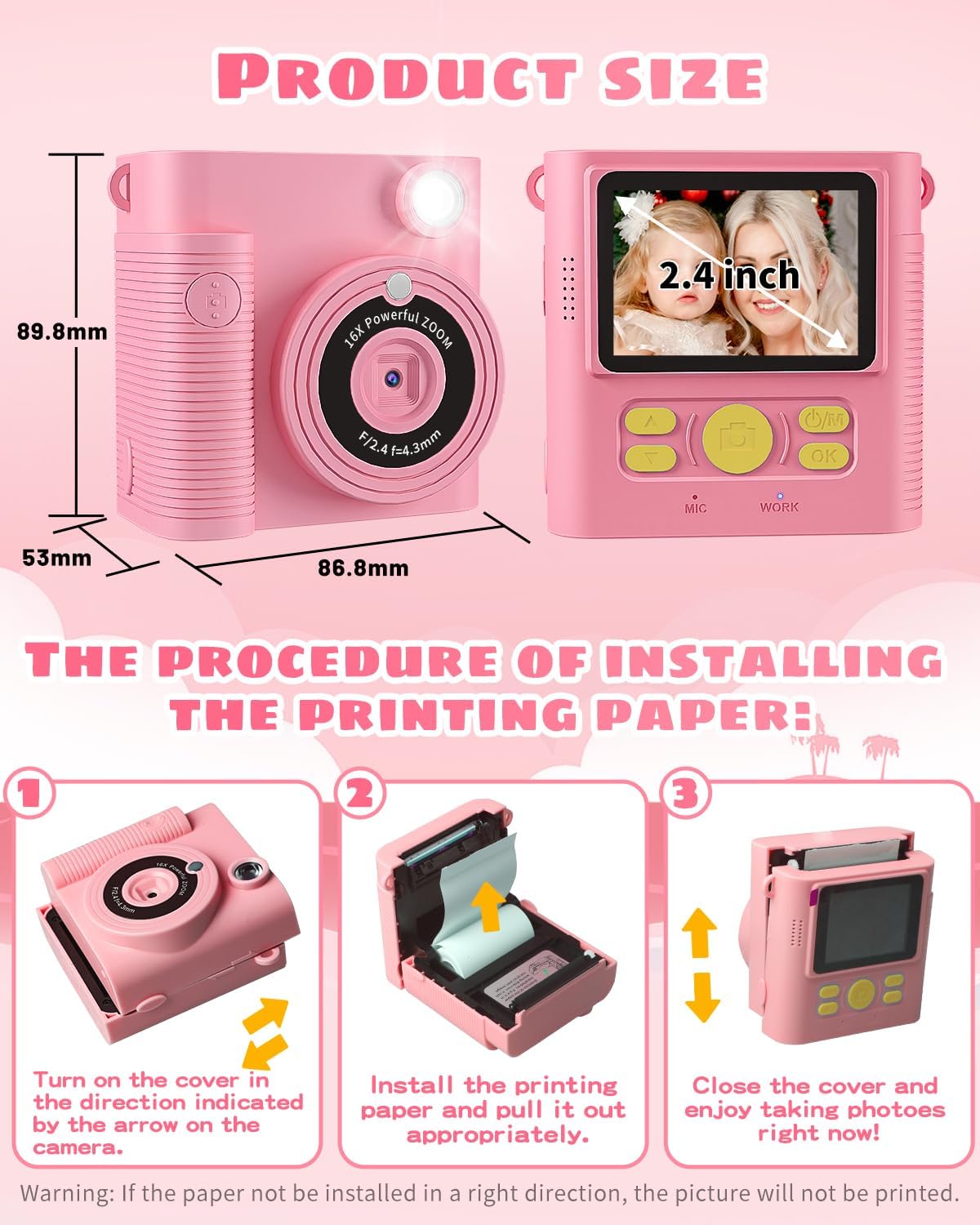 CKATE Kids Camera Instant Print, Kids Camera with 2 Shutters, 1080P HD 32G SD Card Instant Print Camera for Kids, Lovely Camera Gifts for Girls & Boys 3-12 Years Old - Flamingo Pink-6