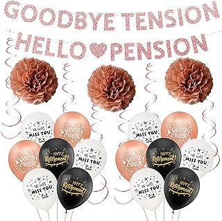 Rose Gold Retirement Party Decorations - 51 Pieces Retirement Decorations, Goodbye Tension Hello Pension Gold Glitter Banner, Exquisite Latex Balloons, Hanging Swirls, For Men Women Retirement Party