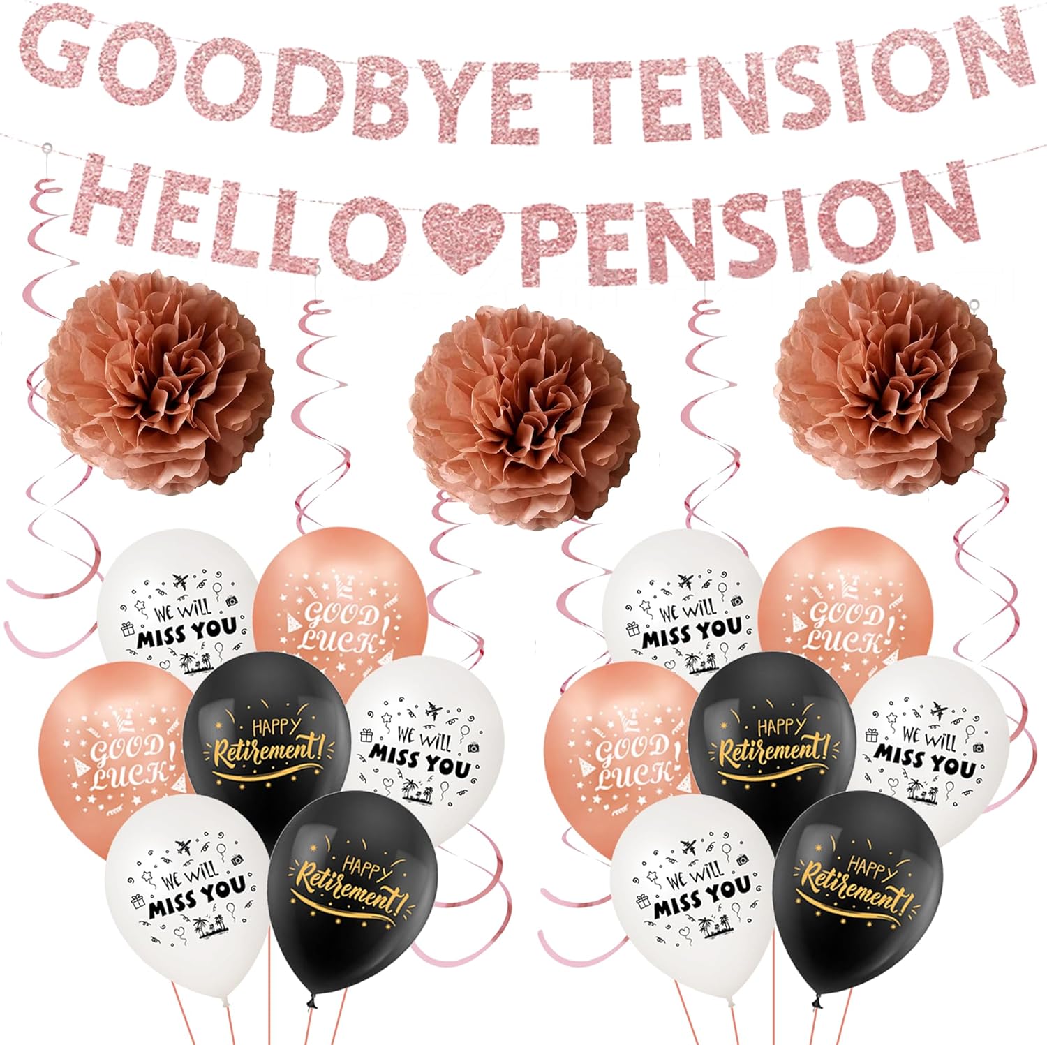 Rose Gold Retirement Party Decorations - 51 Pieces Retirement Decorations, Goodbye Tension Hello Pension Gold Glitter Banner, Exquisite Latex Balloons, Hanging Swirls, For Men Women Retirement Party-0