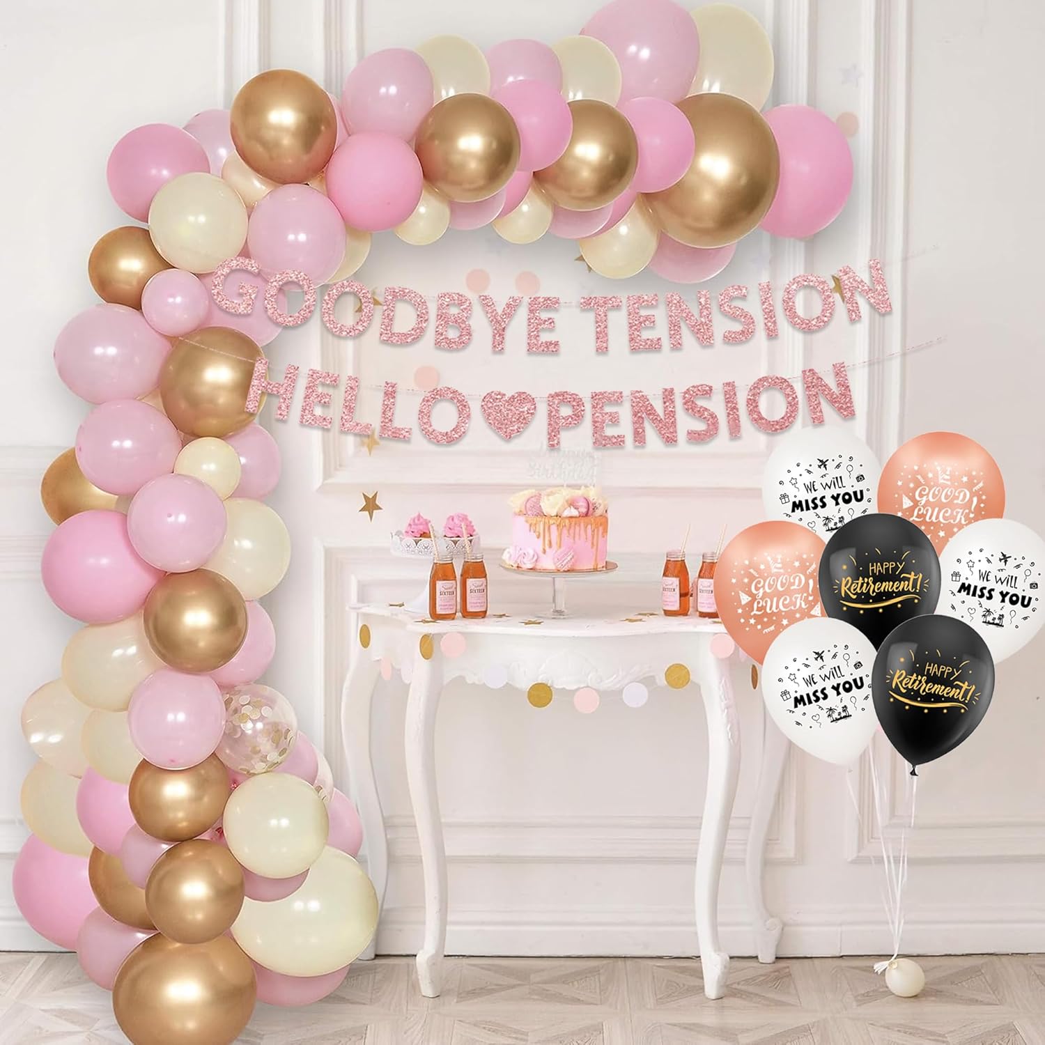 Rose Gold Retirement Party Decorations - 51 Pieces Retirement Decorations, Goodbye Tension Hello Pension Gold Glitter Banner, Exquisite Latex Balloons, Hanging Swirls, For Men Women Retirement Party-6