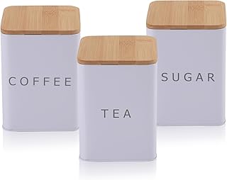 LOSYHU Tea Coffee & Sugar Canisters Set of 3, Kitchen Canister Set with Airtight Bamboo Lid, Coffee and Tea Storage Jars Kitchen Storage Tins (White, Square)