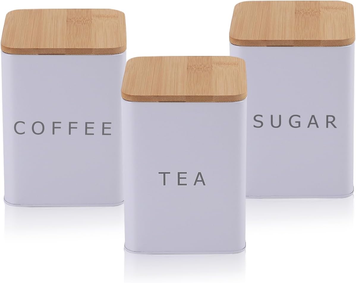 LOSYHU Tea Coffee & Sugar Canisters Set of 3, Kitchen Canister Set with Airtight Bamboo Lid, Coffee and Tea Storage Jars Kitchen Storage Tins (White, Square)-0