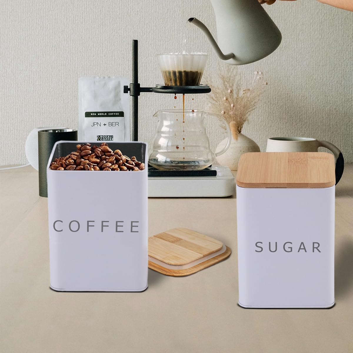 LOSYHU Tea Coffee & Sugar Canisters Set of 3, Kitchen Canister Set with Airtight Bamboo Lid, Coffee and Tea Storage Jars Kitchen Storage Tins (White, Square)-6