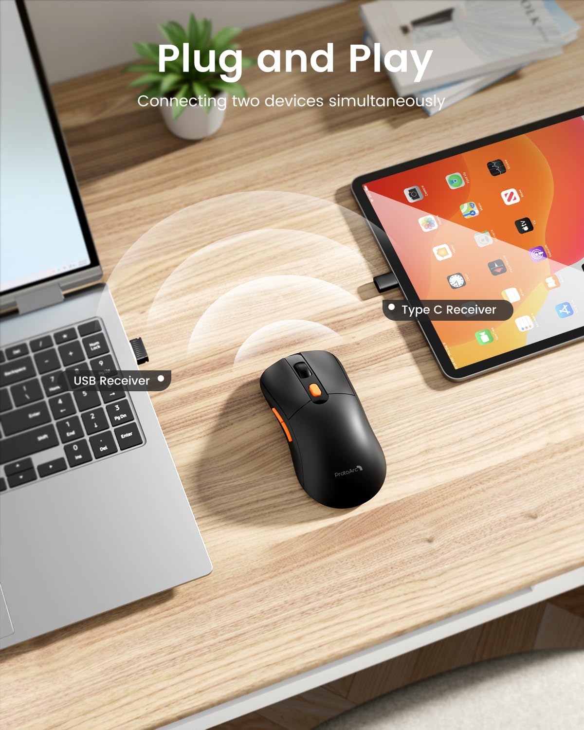 ProtoArc EM15 Wireless Mouse, USB C Mouse Jiggler Rechargeable Type C Dual Mode, Mouse Mover Undetectable Keeps Computer Awake for Laptop, MacBook, PC, iPad, Black-1