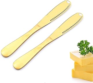 UNISOPH Butter Knife, 3 in 1 Stainless Steel Butter Knives Butter Spreader with Serrated Edges and Scraping Holes Easy Spread for Cutting and Spreading Butter Cheese Peanut Butter Jam（Gold 2pcs）