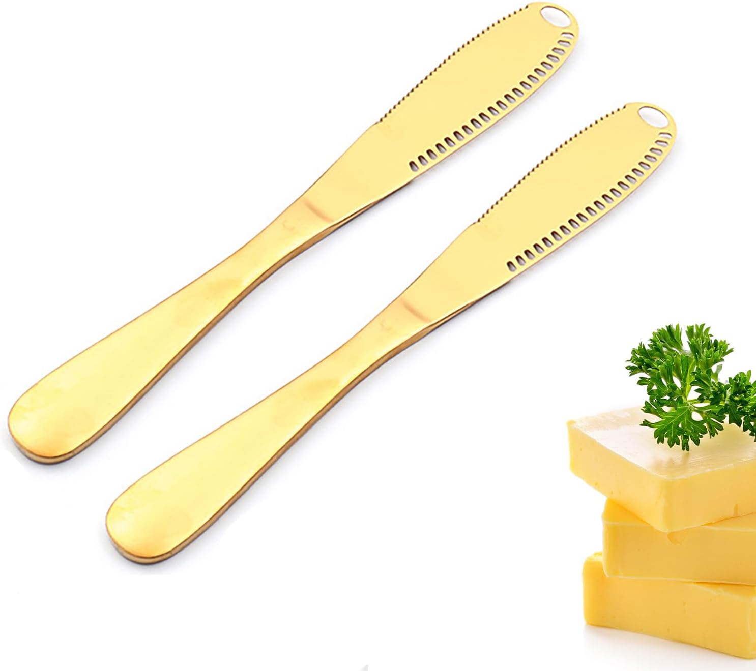 UNISOPH Butter Knife, 3 in 1 Stainless Steel Butter Knives Butter Spreader with Serrated Edges and Scraping Holes Easy Spread for Cutting and Spreading Butter Cheese Peanut Butter Jam（Gold 2pcs）-0