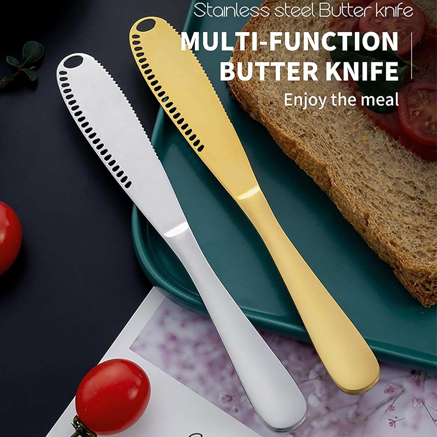 UNISOPH Butter Knife, 3 in 1 Stainless Steel Butter Knives Butter Spreader with Serrated Edges and Scraping Holes Easy Spread for Cutting and Spreading Butter Cheese Peanut Butter Jam（Gold 2pcs）-6