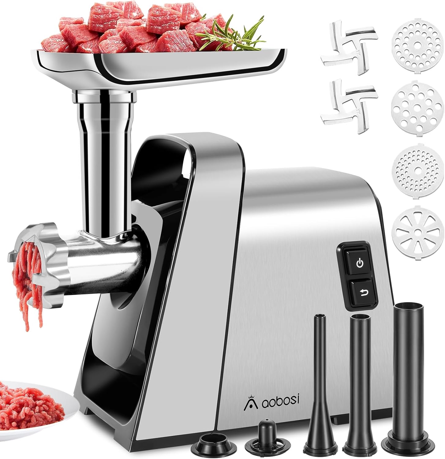 AAOBOSI 3000W Electric Meat Grinder, Electric Meat Mincer Machine with 2 Stainless Steel Blades & 4 Grinding Plates, Sausage Maker & Kibbe Kit for Home Use & Commercial Using-0