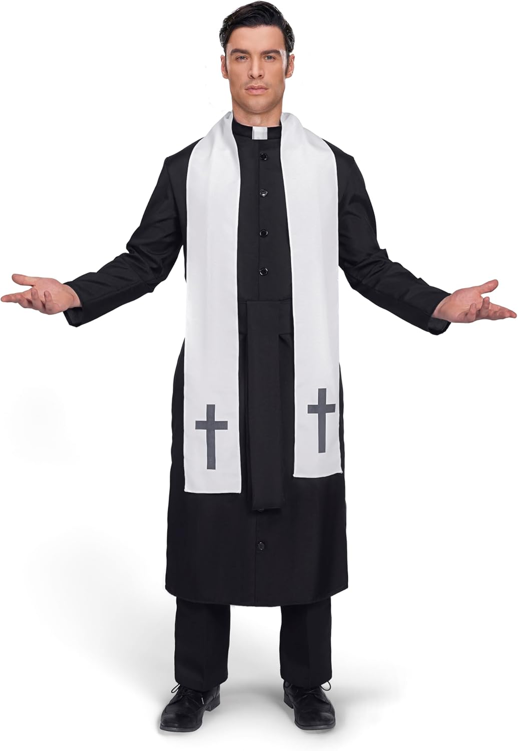 Spooktacular Creations Adult Men’s Black Priest Father Robe Stole, Priest Costume for Halloween Dress Up Party Cosplay (Large)-0