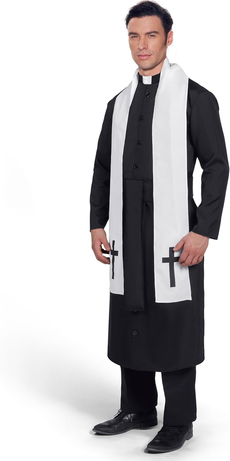 Spooktacular Creations Adult Men’s Black Priest Father Robe Stole, Priest Costume for Halloween Dress Up Party Cosplay (Large)-2