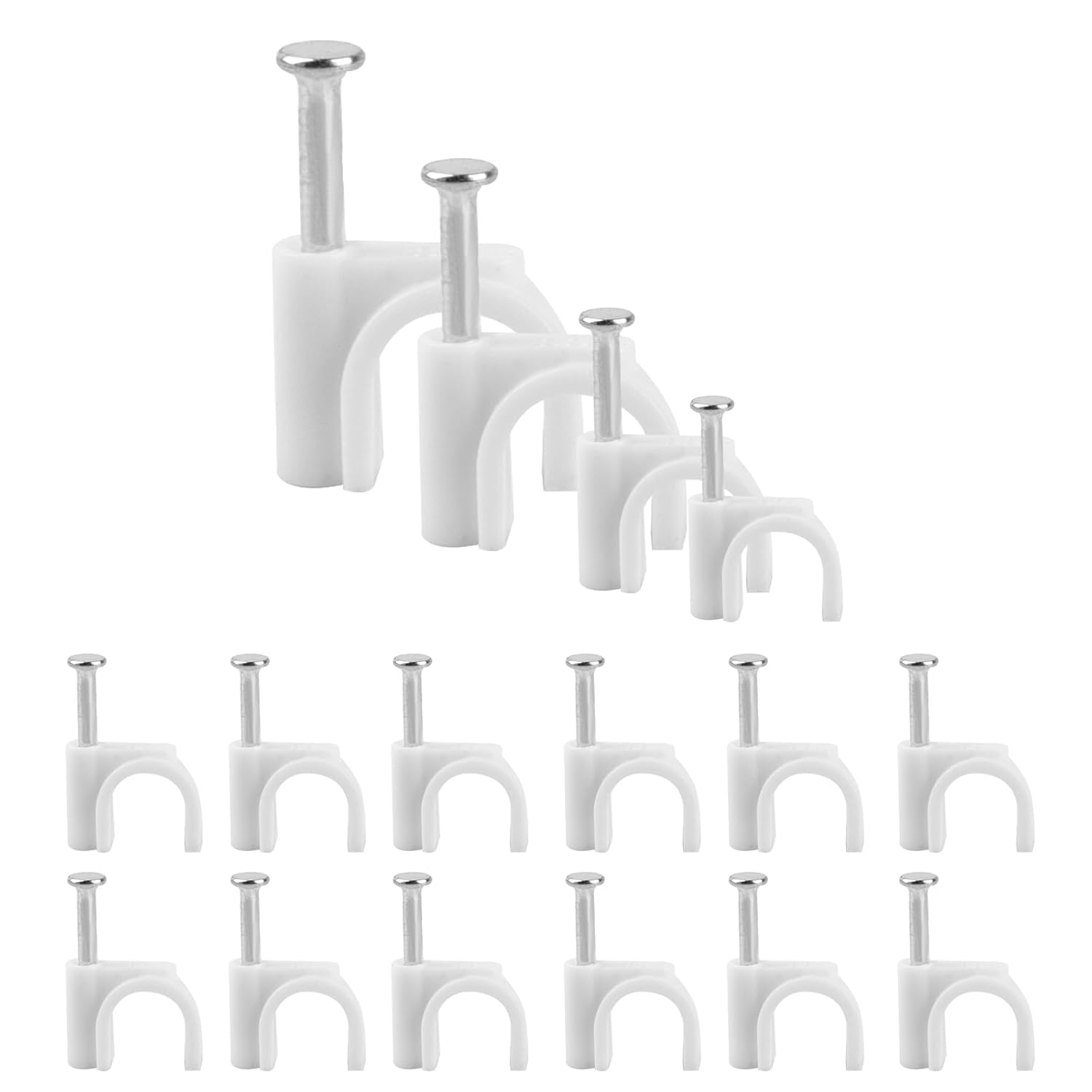 400PCS 4 Sizes White Cable Clips, Round Cable Clips White, Cable Tidy Clips, Cable Wall Clips, 4mm 6mm 8mm 10mm Cable Wire Tacks with Steel Nails, for Ethernet Cable Telephone Line TV USB Cable-0