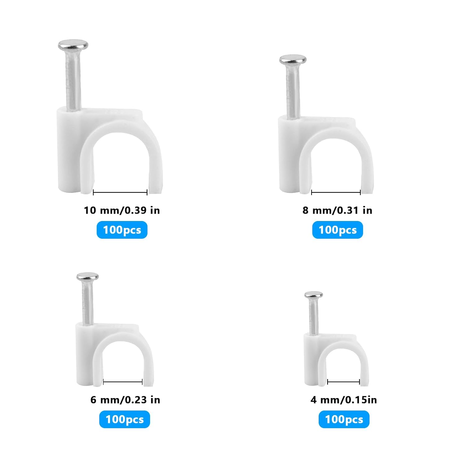 400PCS 4 Sizes White Cable Clips, Round Cable Clips White, Cable Tidy Clips, Cable Wall Clips, 4mm 6mm 8mm 10mm Cable Wire Tacks with Steel Nails, for Ethernet Cable Telephone Line TV USB Cable-1