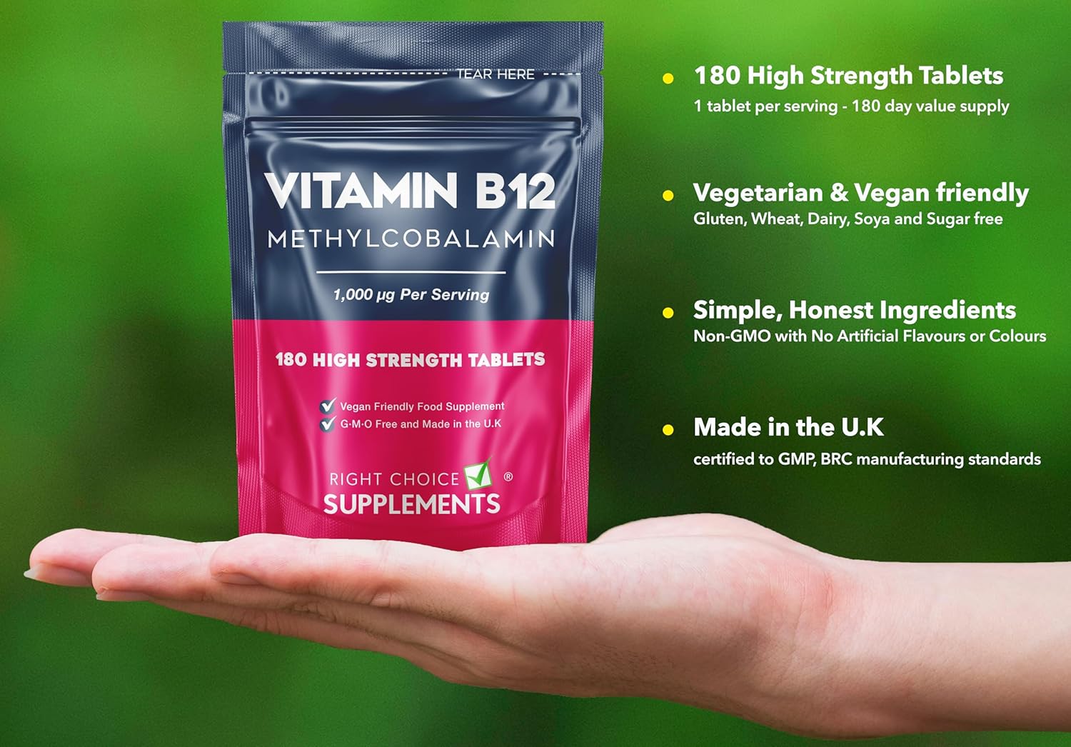 Vitamin B12 High Strength 1000 μg (mcg) - 180 Tablets - Pure Methylcobalamin Supplement - Energy Support - UK Vegan VIT B12-1