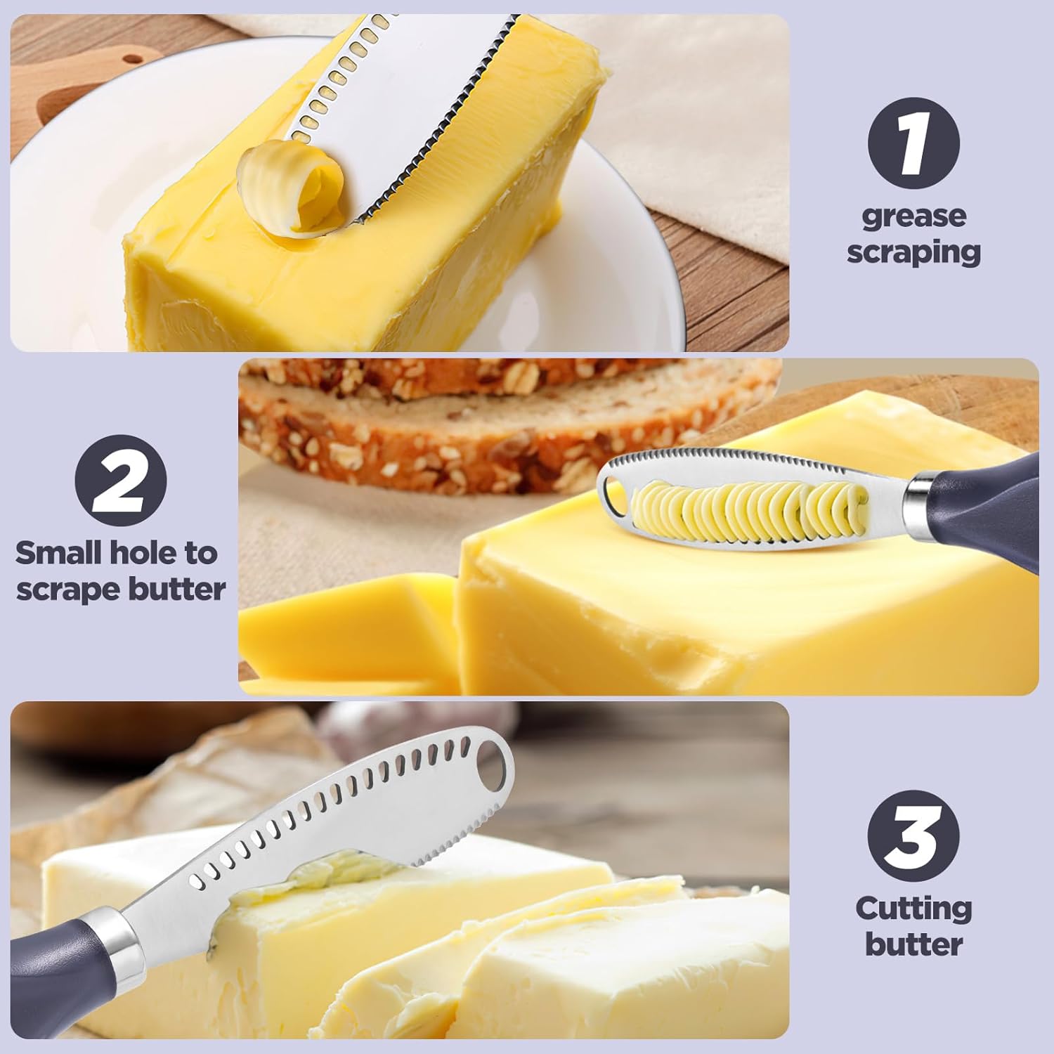 LTXDJ Butter Knife Spreader 2 Pack, 3 In 1 Stainless Steel Butter Spreader with Serrated Edges Butter Curler Butter Knives for Cutting and Spreading Butter Cheese Jams Jell-2